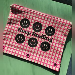 Retro Inspired Smiley Pink Striped Multi Purpose Cotton Canvas Pouch New